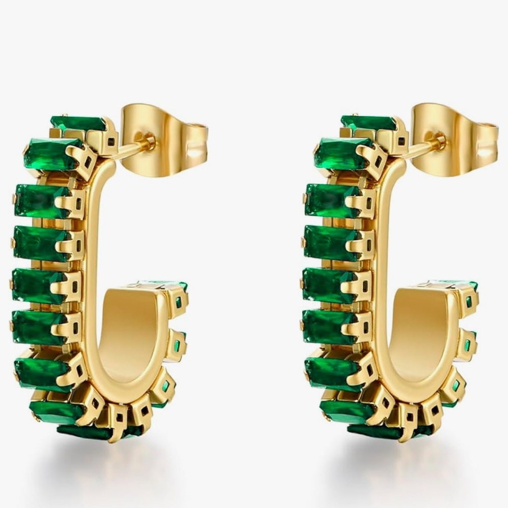 Green Crystal huggie gold hoop earrings 14K Gold Plated with 925 NWT